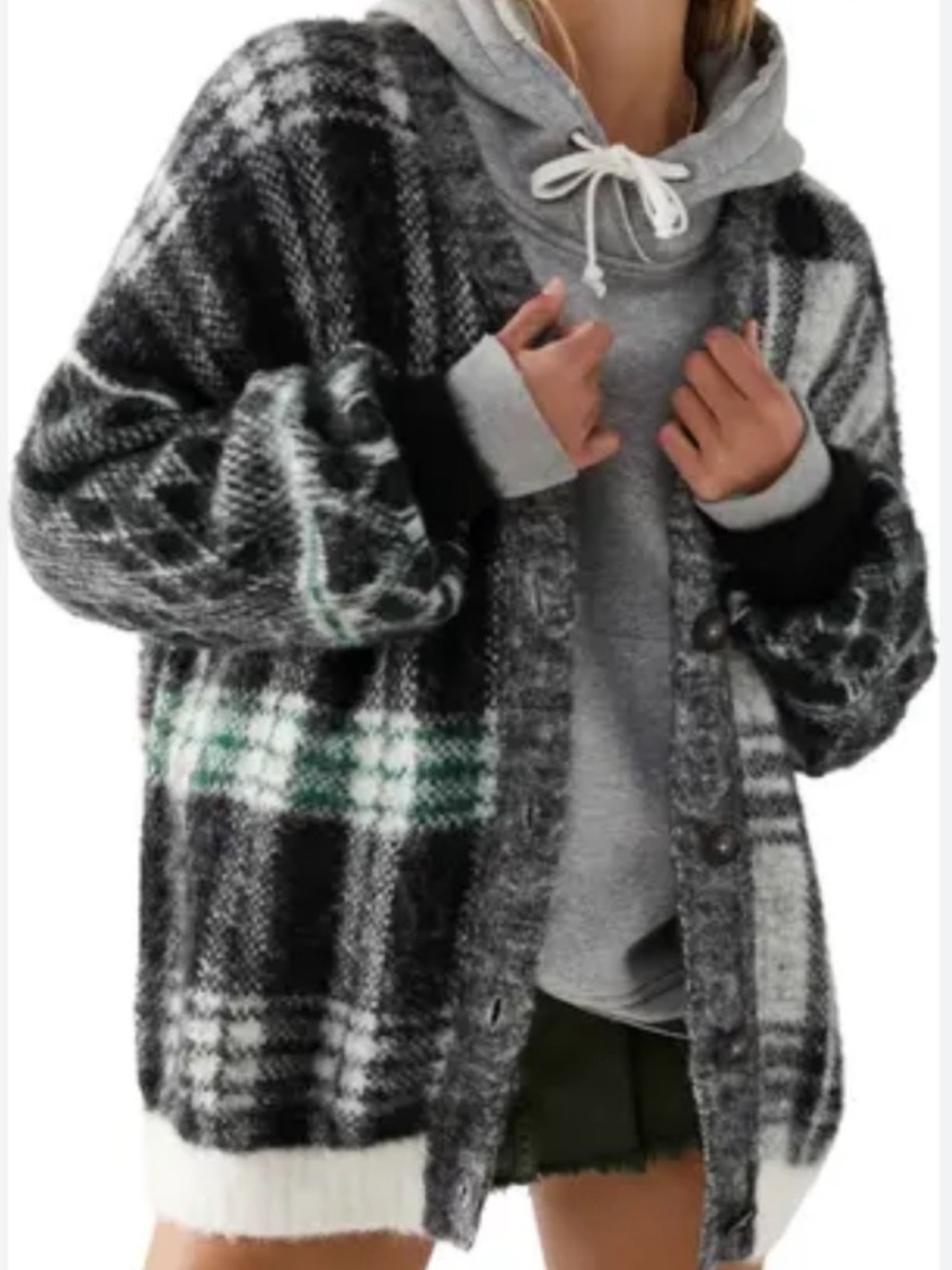 Free People • Sepia Plaid Jacquard Cardigan Black White Green Combo XS